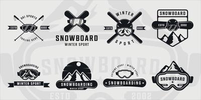 Satz von Snowboard oder Ski Logo Vintage Vektor Illustration Vorlage Symbol Grafikdesign. Bundle-Sammlung verschiedener Extremsport-Winterzeichen oder -symbole für Wettbewerbe oder Embleme für Unternehmen