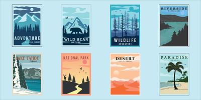 uppsättning utomhus natur affisch minimalistisk vintage vektor illustration mall grafisk design. buntsamling av olika nationalparkskoncept vid strandskogssjö och vilda djur