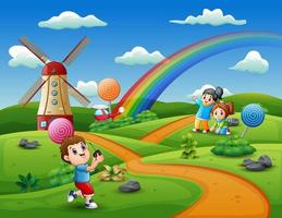 tecknade barn som leker i en godislandbakgrund vektor
