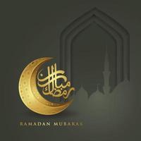 lyxig och elegant design ramadan kareem med arabisk kalligrafi, traditionell lykta och nyanserad färgglad grindmoské för islamisk hälsning vektor