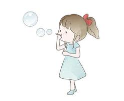 Aquarell süßes Mädchen bläst Seifenblasen isoliert auf weißem Hintergrund. Vektor naive Illustration.