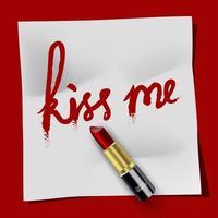 weißer Notizblock küss mich und Lippenstift auf rotem Hintergrund vektor