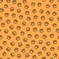 Nahtloses Hundemuster mit Pfotenabdrücken. Textur der Katzenfüße. Muster mit Hündchen-Pfotenabdrücken. orange Hundetextur. handgezeichnete Vektorgrafik im Doodle-Stil auf orangefarbenem Hintergrund. vektor