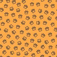 sömlöst hundmönster med tassavtryck. kattfots konsistens. mönster med doggy tassavtryck. orange hund textur. handritad vektorillustration i doodle stil på orange bakgrund. vektor