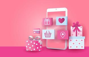 Online-Shop im Konzept der Liebe oder des Valentinsgrußes. Mobiltelefone, Herzen, Einkaufswagen, Liebesbriefe und Geschenkboxen repräsentieren die Liebe auf einem rosafarbenen Hintergrund. Shopping-App im Smartphone. design für banner, anzeige, web. vektor