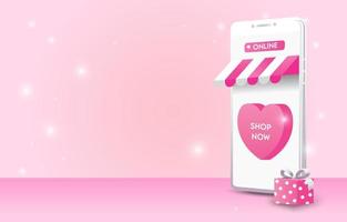 Online-Shop im Konzept der Liebe oder des Valentinsgrußes. Mobiltelefone, Herzen, Einkaufswagen, Liebesbriefe und Geschenkboxen repräsentieren die Liebe auf einem rosafarbenen Hintergrund. Shopping-App im Smartphone. design für banner, anzeige, web. vektor