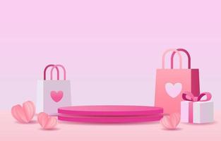 rosa Bühne zum Platzieren von Produkten. leeres Zylinderpodium. Konzept der Liebe oder des Valentinstags. süßer rosa hintergrund verziert mit herzen, geschenkboxen und einkaufstüten. entworfen für Hintergrund, Banner vektor