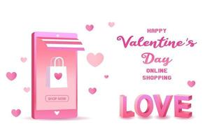 onlinebutik i konceptet kärlek eller valentine.mobiltelefoner, hjärtan, vagn, kärleksbrev och presentförpackningar representerar kärlek på en rosa bakgrund.shopping-app i smartphonen. design för banner, annons, webb. vektor