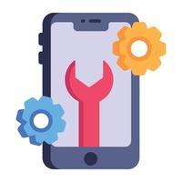 mobil med skiftnyckel och kugghjul, koncept för app underhåll platt ikon vektor