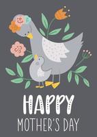 Vektor-Muttertagskarte mit niedlichem Boho-Tier. vorgefertigtes Design mit Waldbabyvogel mit Mutter. Poster im böhmischen Stil mit Gänsefamilie und Blumen auf grauem Hintergrund. vektor