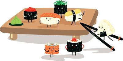 illustration süßer zeichentrickfiguren von sushi und rollen