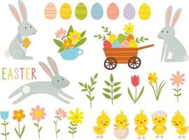 satz niedlicher osterzeichentrickfiguren und designelemente. Osterhasen, Hühner, Eier und Blumen. Vektor-Illustration.