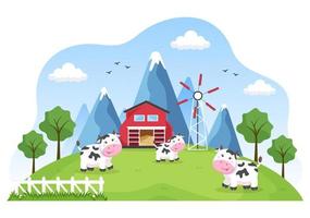 mjölkkor bilder med utsikt över en äng eller en gård på landet för att äta gräs i en illustration platt stil vektor