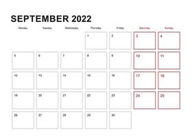 Wandplaner für September 2022 in englischer Sprache, Woche beginnt am Montag. vektor