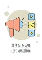 Keep Calm and Love Marketing-Grußkarte mit Farbsymbolelement. Postkarten-Vektordesign. dekorativer flyer mit kreativer illustration. notecard mit glückwunschbotschaft auf weiß vektor