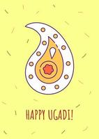 happy ugadi gratulationskort med färgikonelement. indisk semester. vykort vektor design. dekorativa flygblad med kreativ illustration. anteckningskort med gratulationer på gult