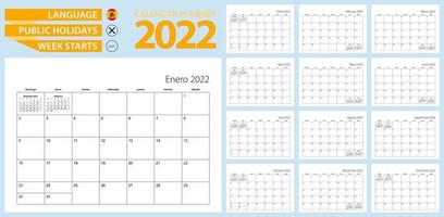 Spansk kalenderplanerare för 2022. Spanska språket, veckan börjar från söndag. vektor