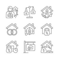 Lineare Symbole für Immobilien festgelegt. Haus- und Bauhypothek. Immobilienkauf. Vermögensversicherung. Anpassbare dünne Liniensymbole. isolierte vektorumrissillustrationen. editierbarer Strich vektor