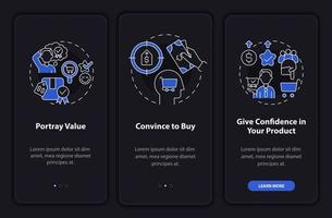 beste preisstrategiekomponenten nachtmodus beim onboarding des mobilen app-bildschirms. Komplettlösung 3 Schritte grafische Anleitungsseiten mit linearen Konzepten. ui, ux, gui-Vorlage. Unzählige pro-fette, normale Schriftarten werden verwendet vektor