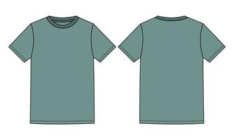 kortärmad grundläggande t-shirt tekniskt mode platt skiss vektorillustration ljusgrön färgmall fram- och bakvyer isolerade på vit bakgrund. vektor
