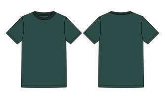 Kurzarm Basic T-Shirt technische Mode flache Skizze Vektor Illustration grüne Farbvorlage Vorder- und Rückansichten isoliert auf weißem Hintergrund.