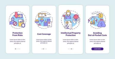 unternehmensversicherung wichtig beim onboarding des mobilen app-bildschirms. Policy Walkthrough 4 Schritte grafische Anleitungsseiten mit linearen Konzepten. ui, ux, gui-Vorlage. Unzählige pro-fette, normale Schriftarten werden verwendet vektor