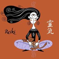 Reiki-Heilung. Das Mädchen macht eine Heilungssitzung im Fluss der Reiki-Energie für die Katze. Vektor. vektor