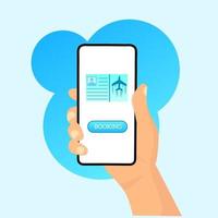 flaches Design der Illustrationsvektorgrafiken, Hände, die Smartphone mit Flugkartenbuchung halten, vervollkommnen für Konzept der beweglichen Anwendung vektor