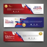 Legen Sie die Designvorlage für horizontale Banner fest. glücklicher unabhängigkeitstag philippinen moderner hintergrund mit bandflagge, goldpreisband und schattenbildstadt vektor