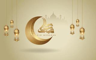 eid mubarak arabisk kalligrafi hälsning design islamisk linje moské kupol med klassiskt mönster och lykta för element publicering. gratulationskort, bakgrund, tapeter, banner och andra användare vektor