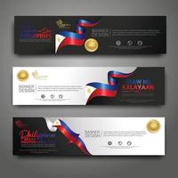 Legen Sie die Designvorlage für horizontale Banner fest. glücklicher unabhängigkeitstag philippinen moderner hintergrund mit bandflagge, goldpreisband und schattenbildstadt vektor