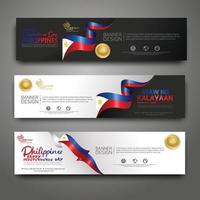 ställa in horisontella banner formgivningsmall. glad självständighetsdagen Filippinerna modern bakgrund med bandflagga, guldprisband och siluettstad vektor