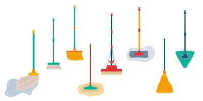 utrustningsset för kvastar och moppar. hygien hantering av föremål, hushållsmopp och hushållsarbete kvast verktyg isolerad på vit bakgrund. vektor