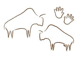 antika bison silhuetter rock art. förhistoriska betande tjurar ritade i minimalistisk stil primitiva människor med vektor palmtryck