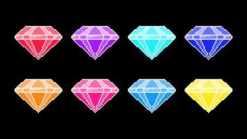 kristall diamanter pixel ikoner. röda juveler med blå facetter och lila glitter lyxig gul skatt för spel dyra vektordekorationer vektor