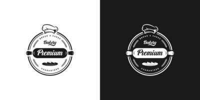 vintage retro emblem, abzeichen, stempel, aufkleber bäckerei logo design vektor mit kochmütze und nudelholz