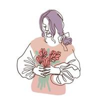 Frau mit Blumenstrauß. frühlingskonzept, einzeilige handgezeichnete vektorillustration vektor