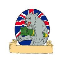 grauer Wolf hält Bombe Union Jack Zeichnung vektor