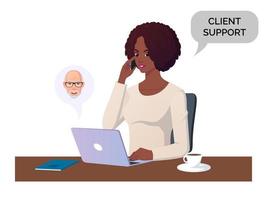kvinna svarar på samtal och arbetar på datorn, illustration koncept för support, affärer och callcenter vektor