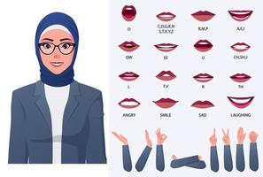 muslimische geschäftsfrau mundanimation, lippensynchronisation, emotionen und handgesten premium vecor vektor