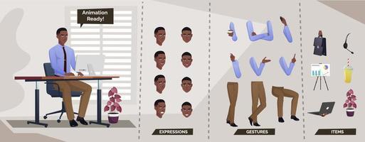 stilvoller geschäftsmann-zeichensatz für animation mit sitzendem mann und verschiedenen körperteilen vektor