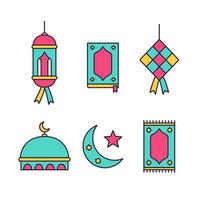 trendig ramadhan-ikonuppsättning med lyktalampa, al-koranbok, ketupat, moské, bönematta och halvmåne vektor