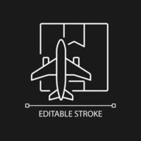 weltweiter Luftfrachtdienst weißes lineares Symbol für dunkles Thema. Lieferung von Waren mit Flugzeugen. dünne linie anpassbare illustration. isoliertes Vektorkontursymbol für den Nachtmodus. editierbarer Strich vektor