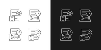 Lineare Symbole für internationale Lieferunternehmen, die für den Dunkel- und Hellmodus eingestellt sind. paket versandkosten berechnung. anpassbare dünne Liniensymbole. isolierte vektorumrissillustrationen vektor