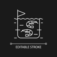 räkodling vit linjär ikon för mörkt tema. kommersiell produktion och uppfödning av räkor. tunn linje anpassningsbar illustration. isolerade vektorkontursymbol för nattläge. redigerbar linje vektor
