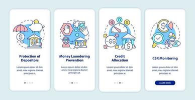 bankregulierungsaufgaben beim onboarding des mobilen app-seitenbildschirms. CSR-Überwachung Walkthrough 4 Schritte grafische Anweisungen mit Konzepten. ui, ux, gui-vektorvorlage mit linearen farbillustrationen vektor