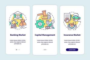 finanzrechtsbereiche beim onboarding des mobilen app-seitenbildschirms. Capital Management Walkthrough 3 Schritte grafische Anweisungen mit Konzepten. ui, ux, gui-vektorvorlage mit linearen farbillustrationen vektor