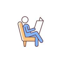 Zeitung lesen RGB-Farbsymbol. Mann sitzt bequem im Sessel. person, die die neuesten nachrichten in papier liest. mensch, der pause von der arbeit macht. isolierte Vektorillustration. einfache gefüllte Strichzeichnung