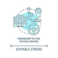 Transport zum blauen Konzeptsymbol des Testzentrums. Straße Test Service abstrakte Idee dünne Linie Illustration. Fahrschule. auto reiten kurs. Vektor isolierte Umrissfarbe Zeichnung. editierbarer Strich