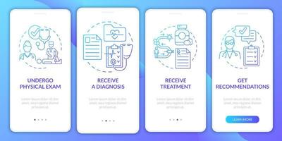 pt process gradient onboarding mobil app sidskärm. sjukvård. fysioterapi genomgång 4 steg grafiska instruktioner med koncept. ui, ux, gui vektormall med linjära färgillustrationer vektor